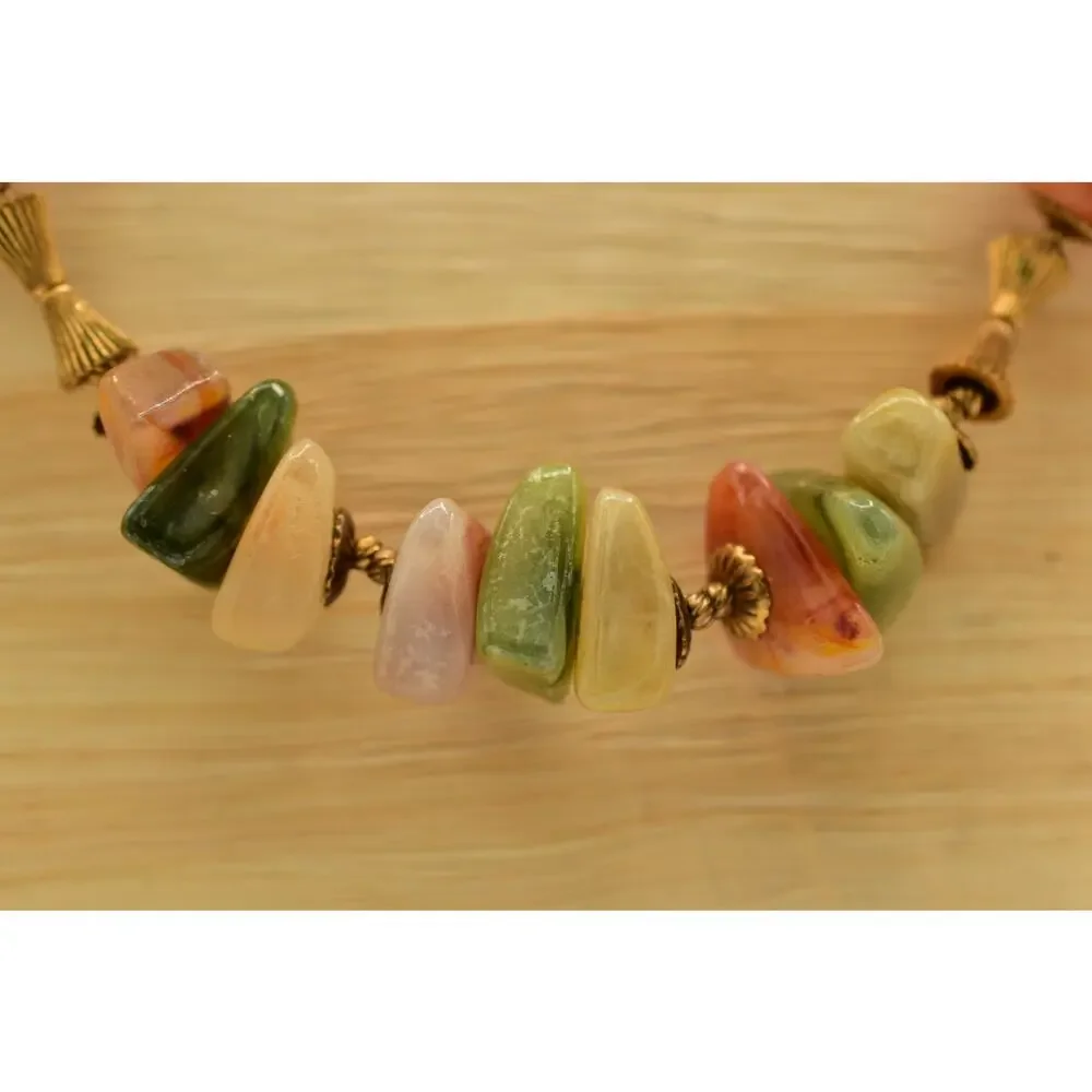 Miriam Haskell Lucite Stone Beaded Necklace Gold Green Orange Signed 1950s BinBN